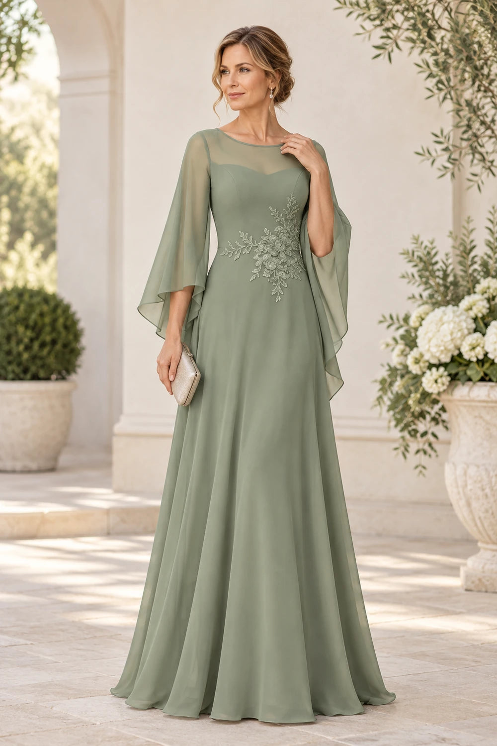 Beaded Waist Sheer Yoke Long Sleeve Chiffon Mother of the Bride Dress