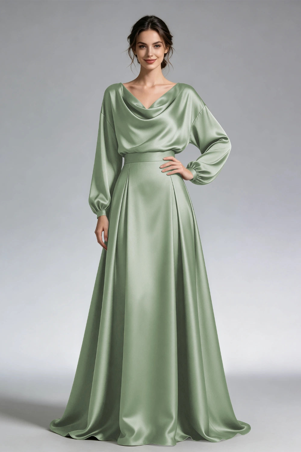 Front view of the sage green cowl-neck gown with loose long sleeves and a wide waistband.