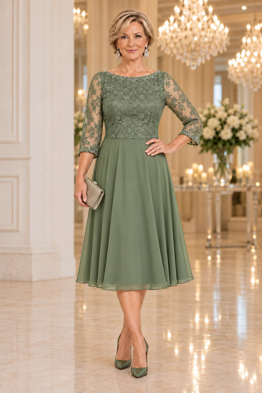 Sage green midi dress with a rounded neckline and sheer floral lace sleeves, front view.