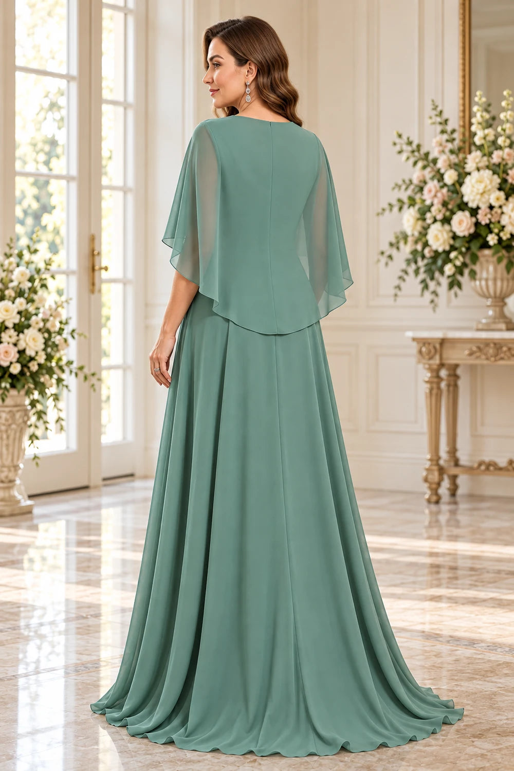 Sage Green Lace Neck Flutter Sleeve Mother of the Bride Gown