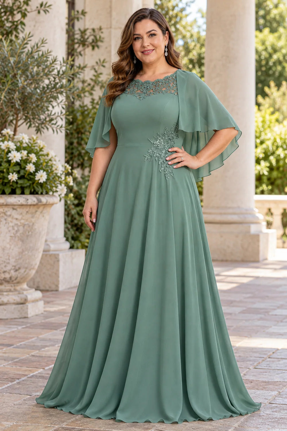Sage Green Lace Neck Flutter Sleeve Mother of the Bride Gown
