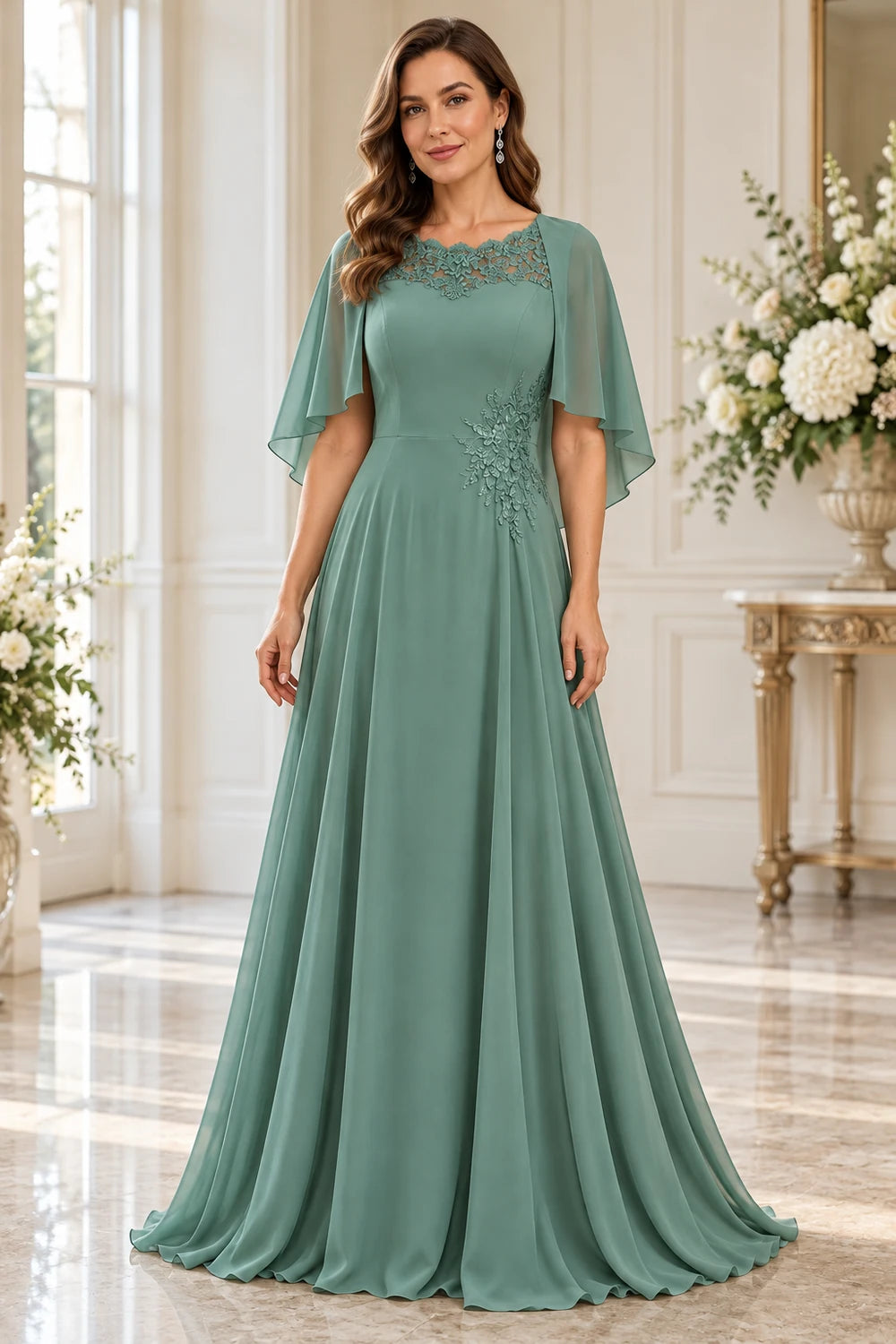 Sage Green Lace Neck Flutter Sleeve Mother of the Bride Gown