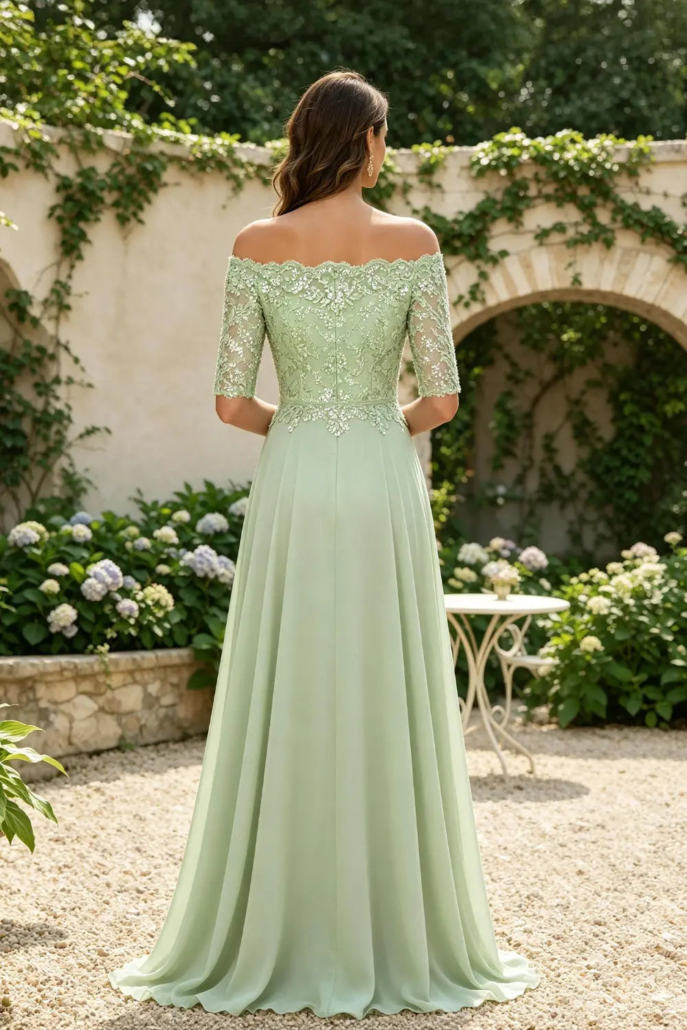 Sage Green Off-Shoulder Lace Bodice A-Line Chiffon Floor-Length Dress