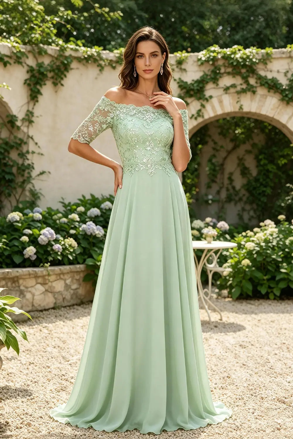 Sage Green Off-Shoulder Lace Bodice A-Line Chiffon Floor-Length Dress