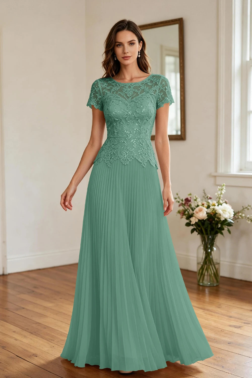 Champagne Lace Short Sleeve Pleated Chiffon Floor-Length Dress