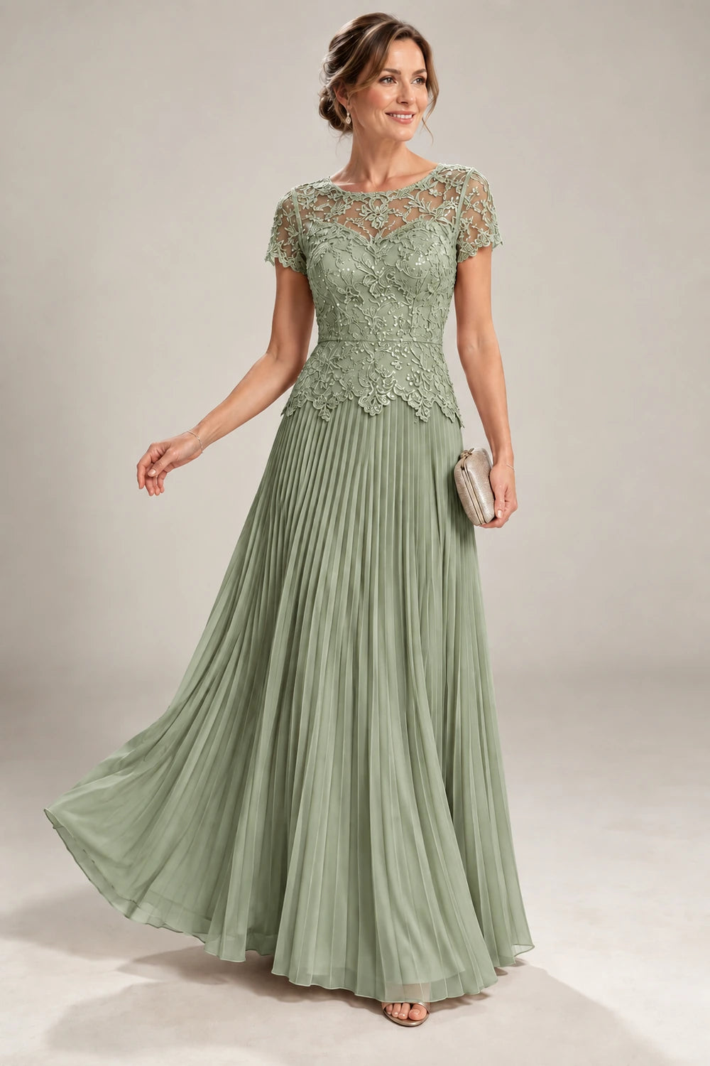 Lace Short Sleeve Pleated Chiffon Floor-Length Dress