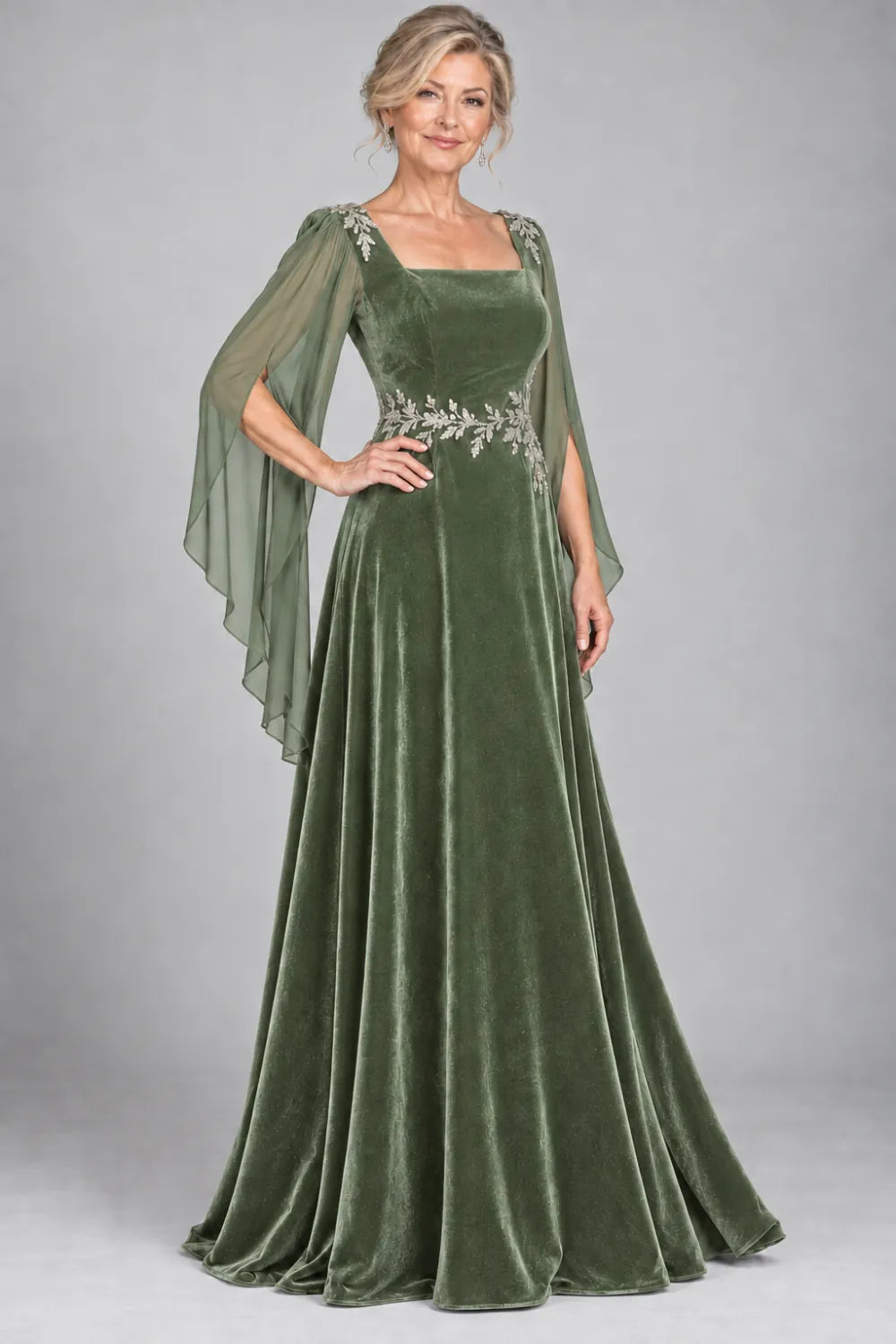 Sage Green dress with silver-tone leafy waist and shoulder accents, front view.