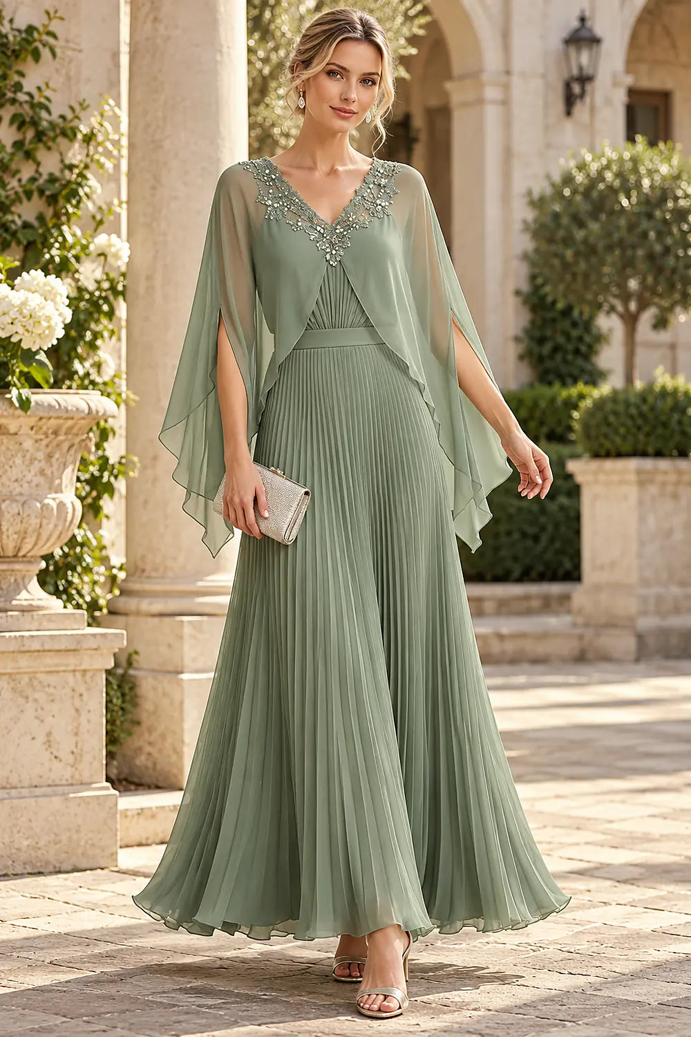 Pleated Cape Sleeve Chiffon Mother of the Bride Dress
