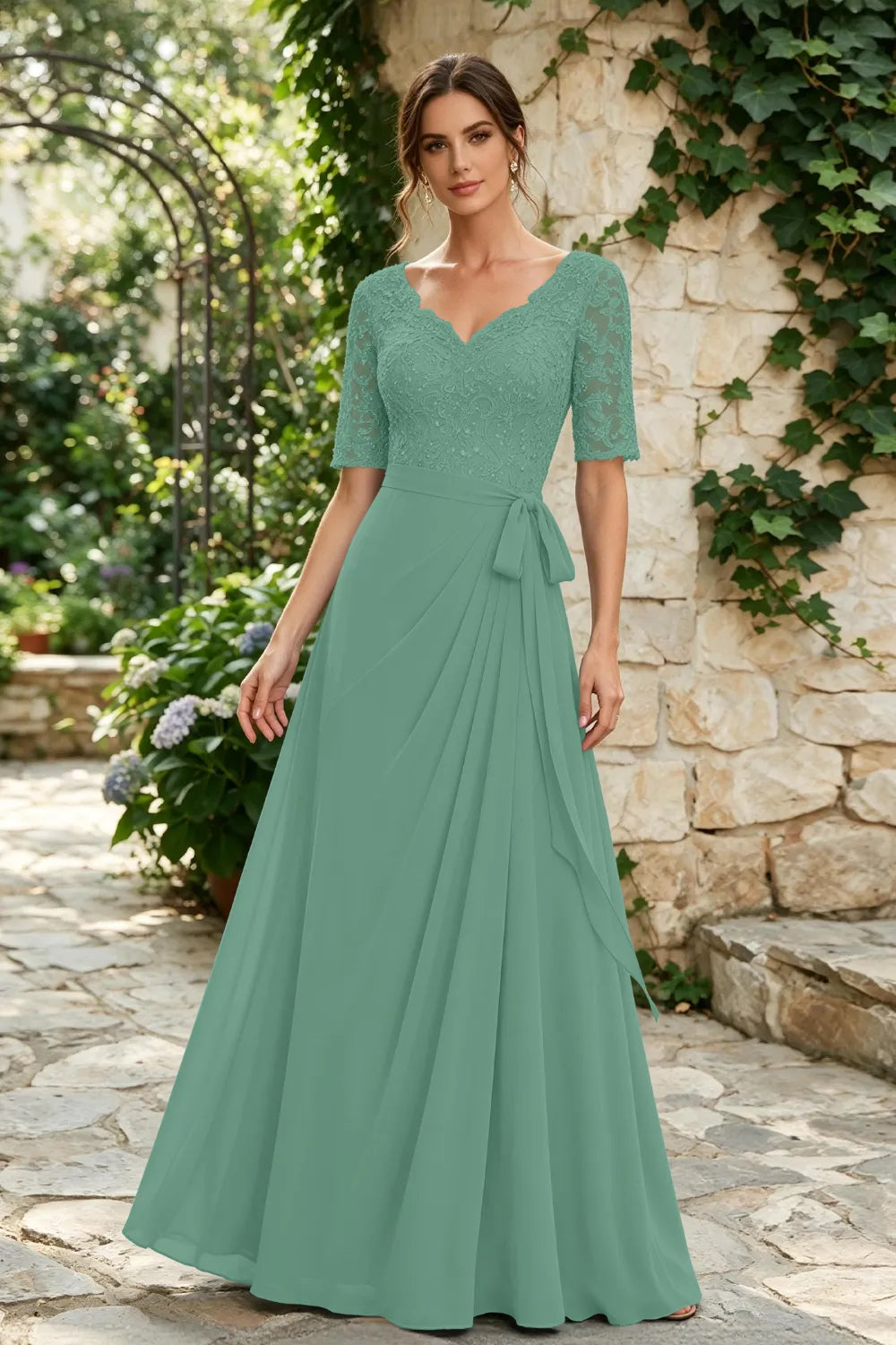 Dusty Blue Lace Elbow-Sleeve Sash Chiffon Floor-Length Dress