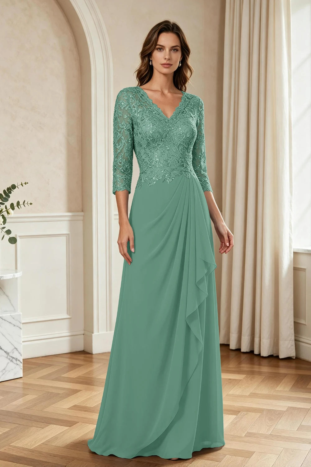 Dusty Blue Lace Three-Quarter Sleeve Draped Cascade Chiffon Floor-Length Dress