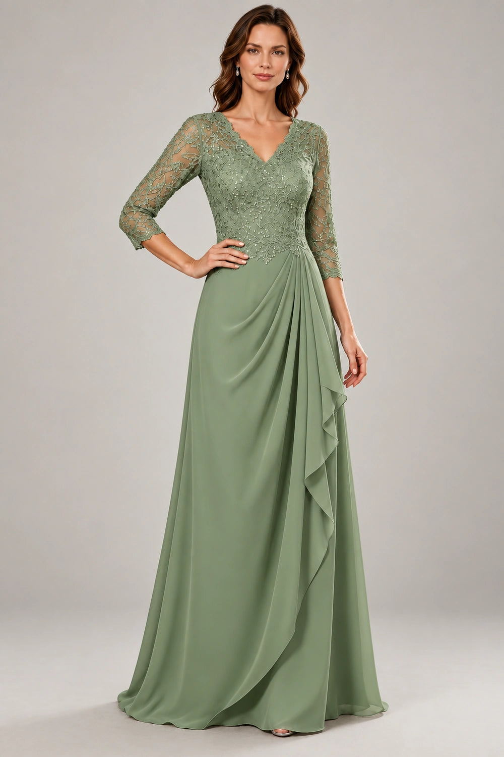 Lace Three-Quarter Sleeve Draped Cascade Chiffon Floor-Length Dress