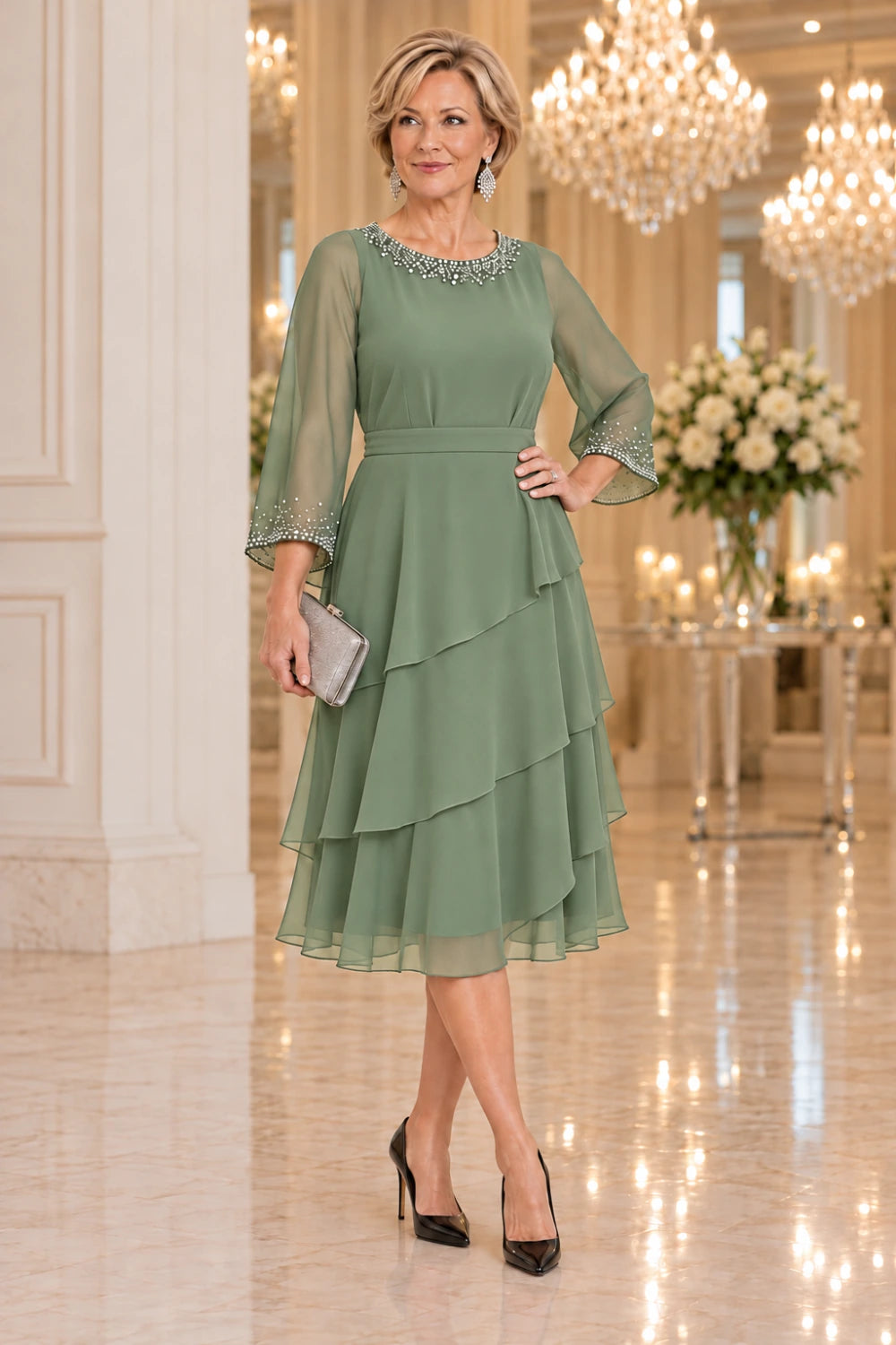 Sage green midi dress with a plain fitted bodice, defined waist and diagonal flounce layers, front view.