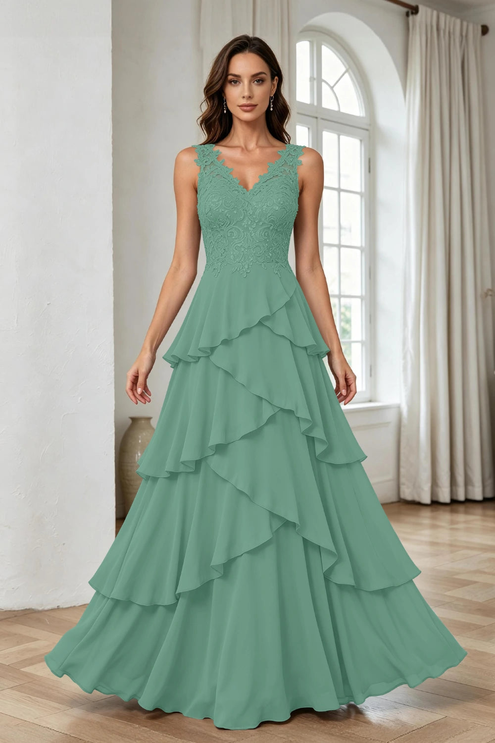 Silver Gray Lace Sleeveless Tiered Chiffon Floor-Length Dress