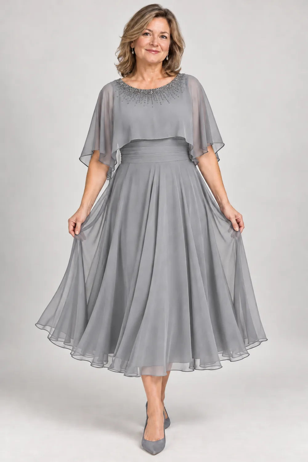 Silver Gray dress with narrow beaded neckline and defined waist, front view.