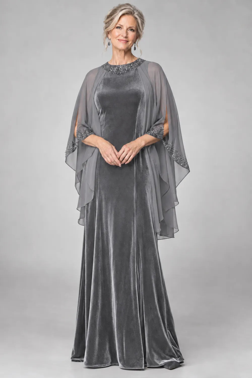 Silver Gray dress with beaded round neckline and cascading sheer cape, front view.