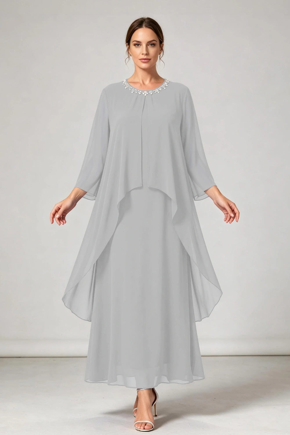 Royal Blue Beaded Neck Asymmetric Overlay Chiffon Mother of the Bride Dress