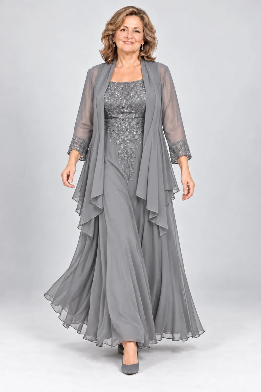 Silver Gray dress with floral bodice and matching decorated cuffs, front view.