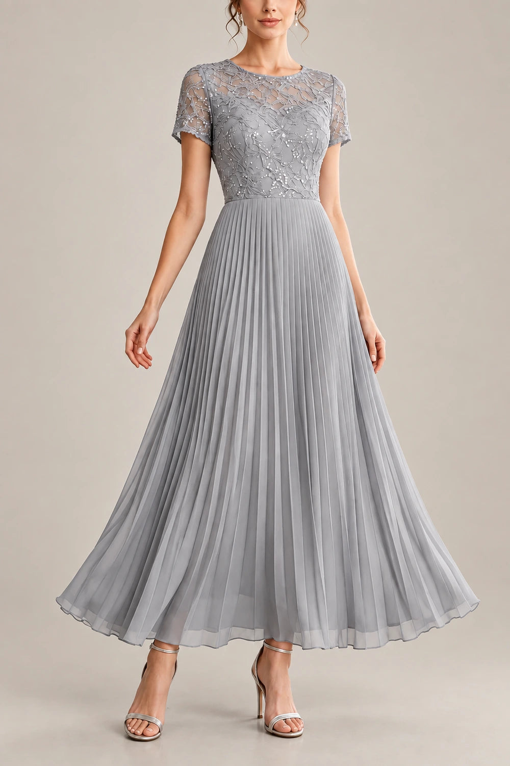 Lace Short Sleeve Pleated Chiffon Tea-Length Dress