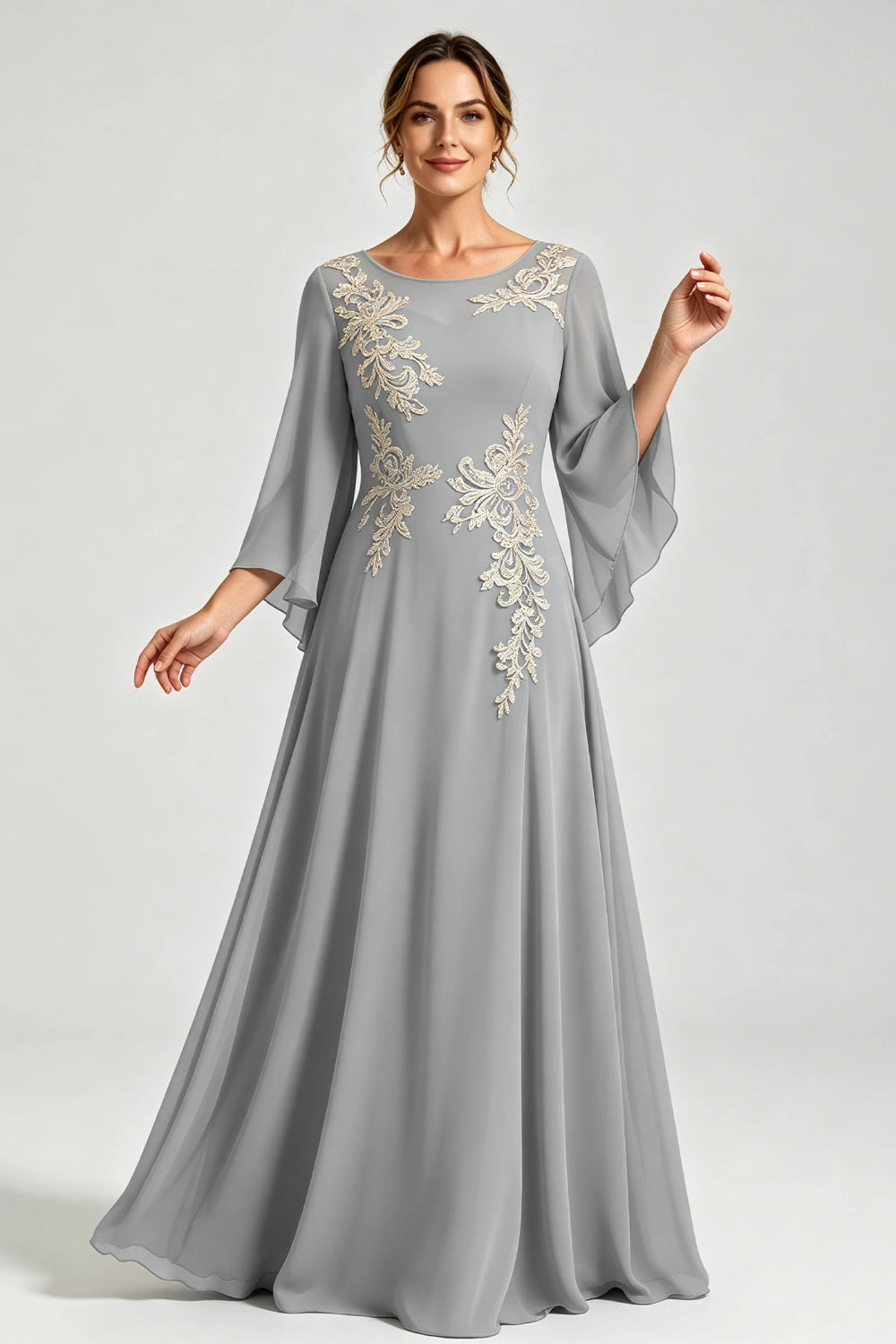 Dusty Blue Lace Applique Sheer Yoke Long Sleeve Chiffon Mother of the Bride Dress