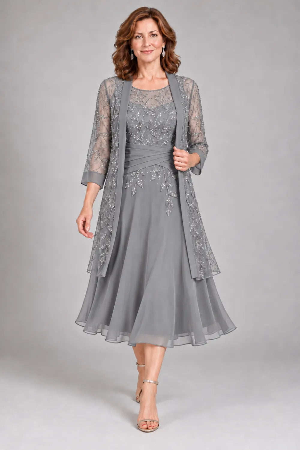 Silver Gray dress with floral lace extending below the waist, front view.
