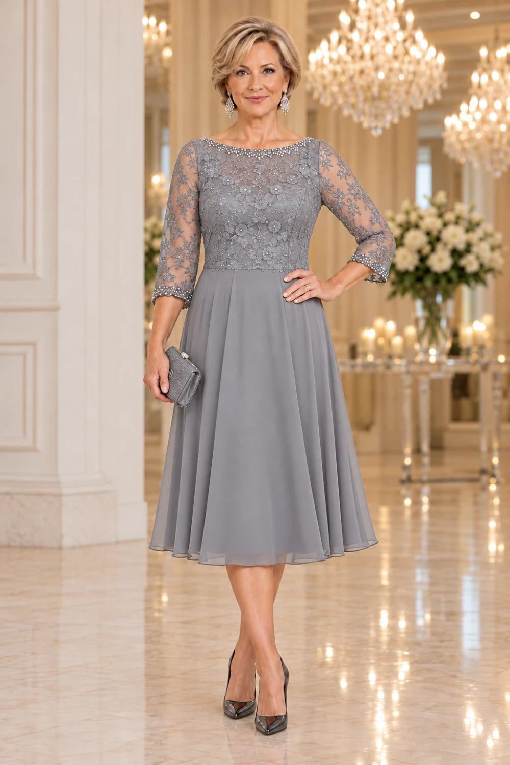 Silver gray dress with a floral lace bodice, sheer sleeves and flared below-knee skirt, front view.