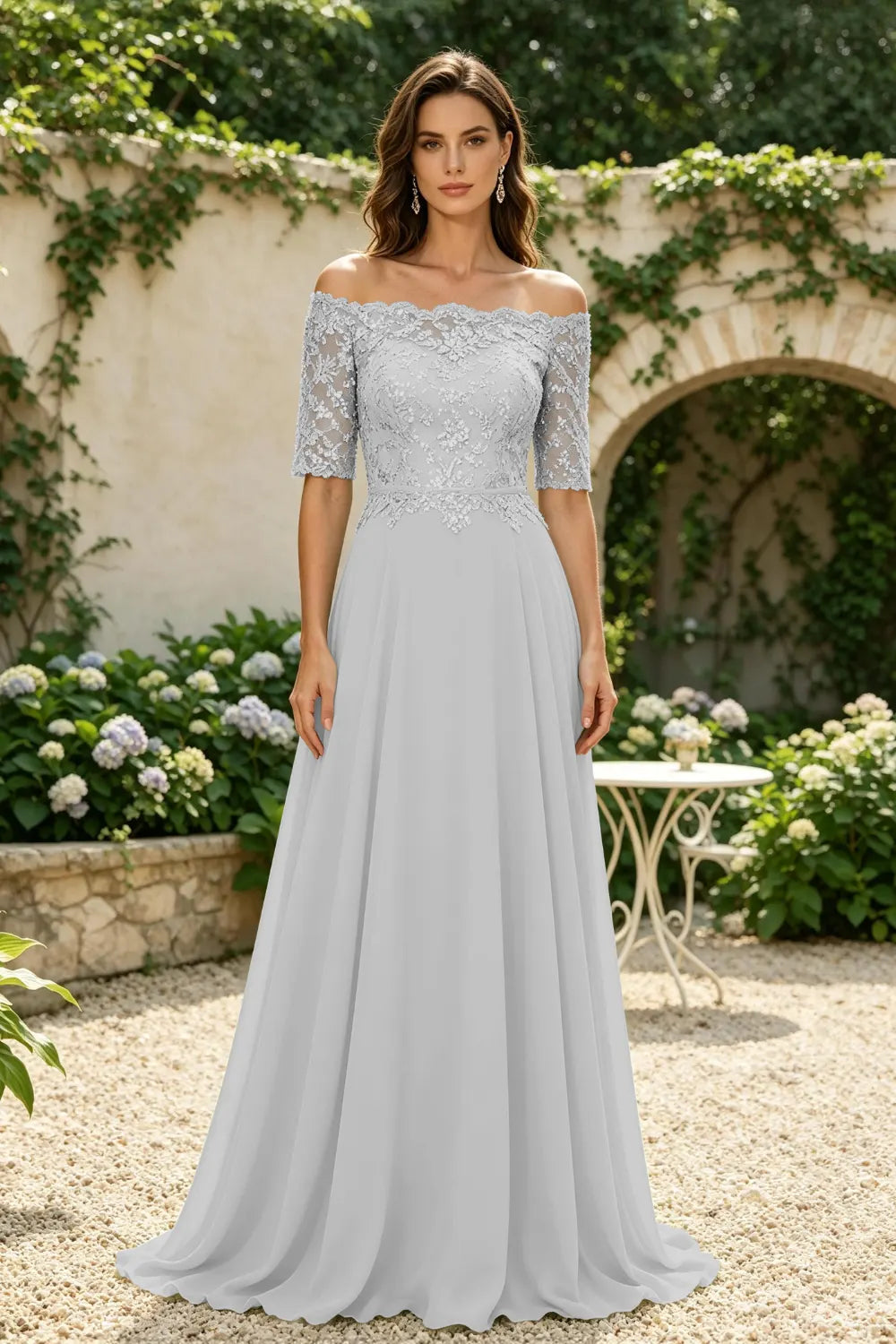 Sage Green Off-Shoulder Lace Bodice A-Line Chiffon Floor-Length Dress