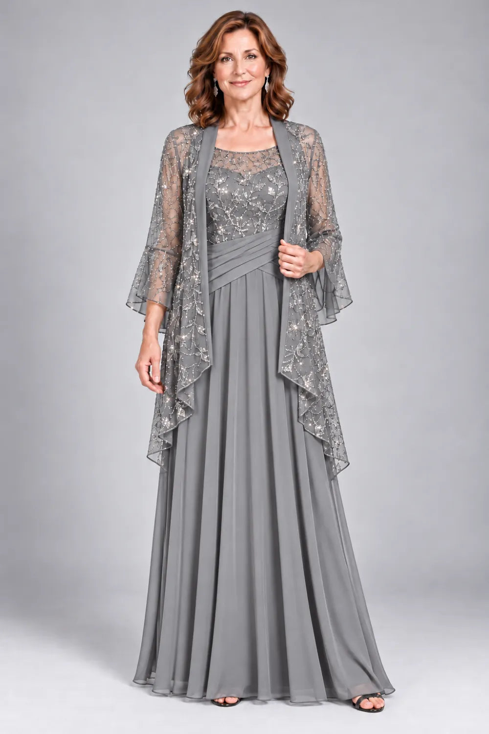 Silver Gray dress with floral decorated bodice and diagonal gathered waist, front view.