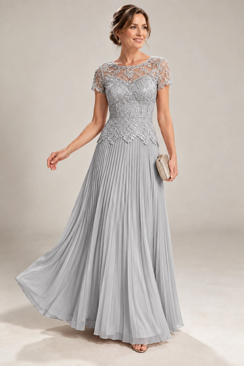 Lace Short Sleeve Pleated Chiffon Floor-Length Dress