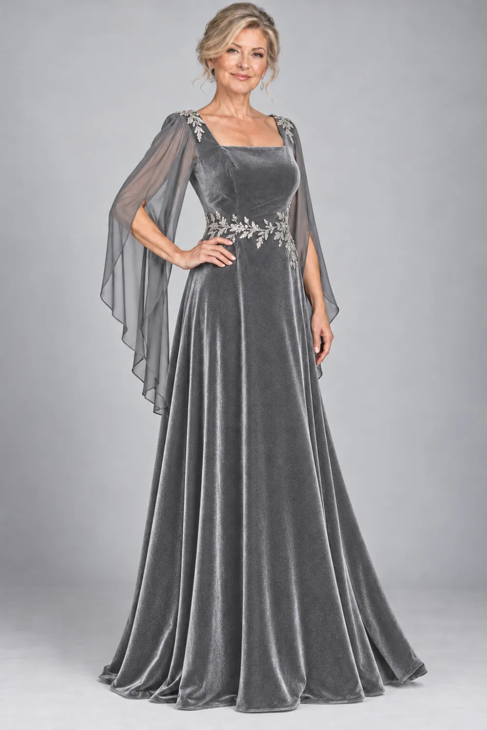 Silver Gray dress with silver-tone leafy waist and shoulder accents, front view.
