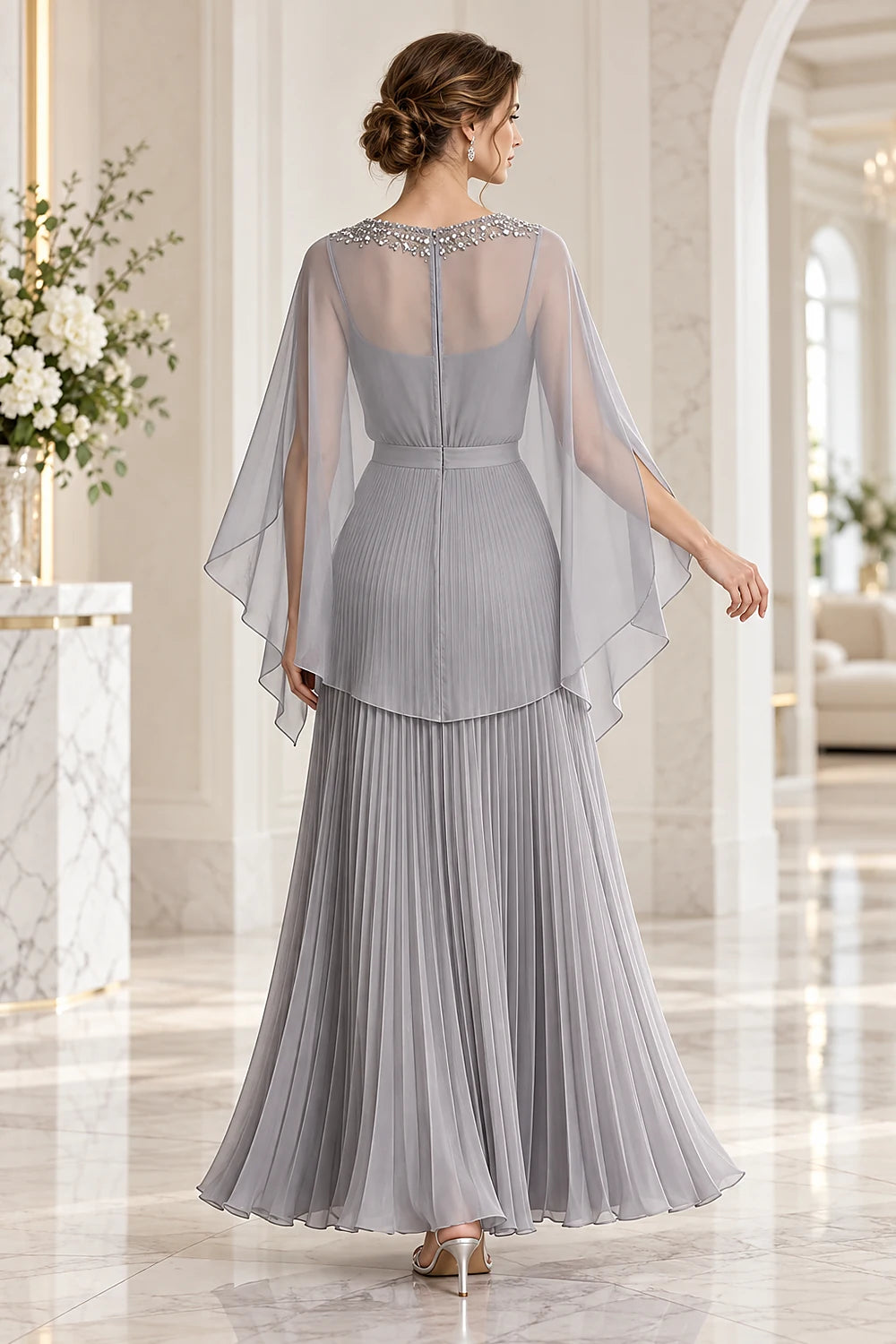 Pleated Cape Sleeve Chiffon Mother of the Bride Dress