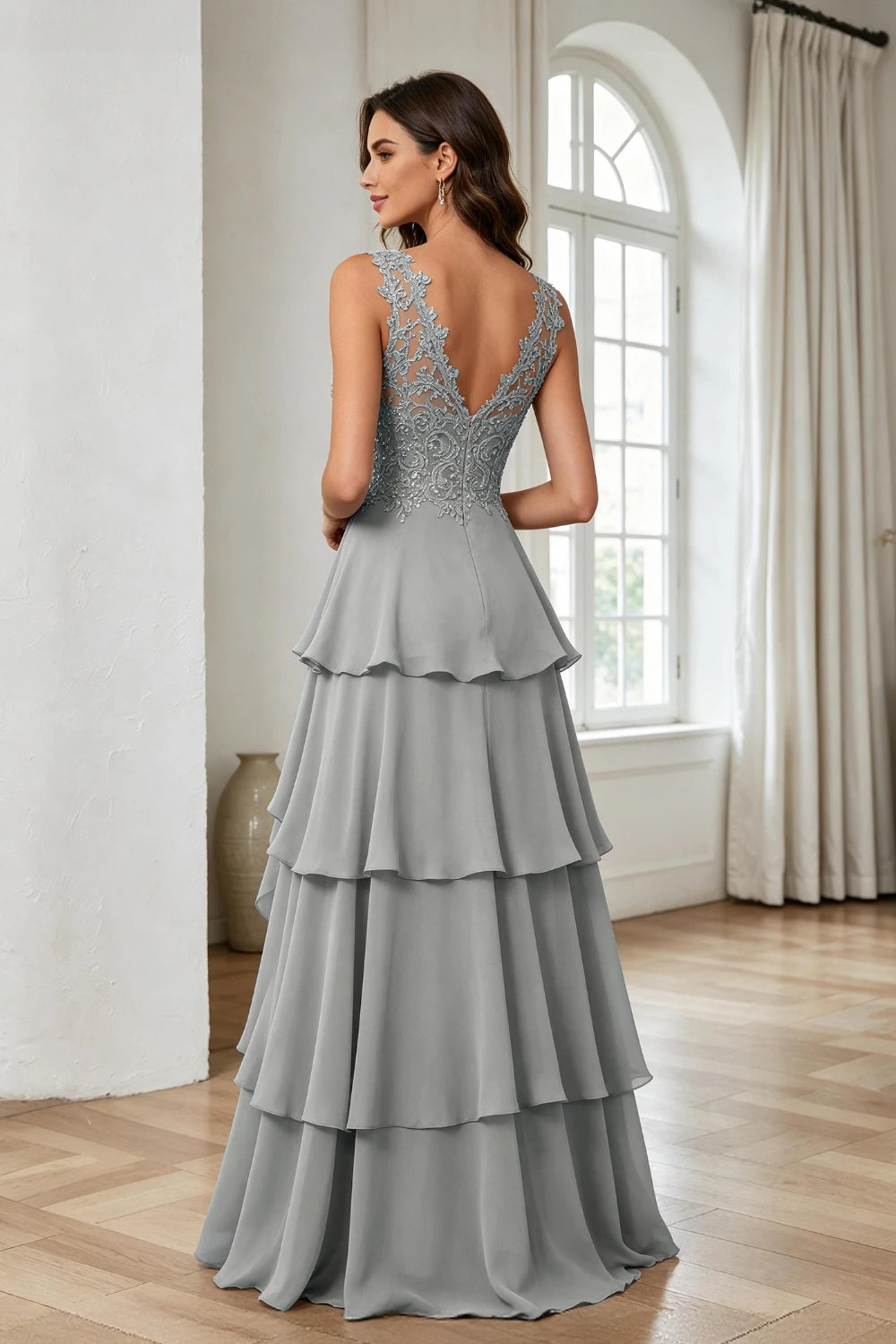 Silver Gray Lace Sleeveless Tiered Chiffon Floor-Length Dress