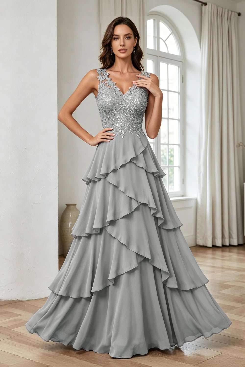Silver Gray Lace Sleeveless Tiered Chiffon Floor-Length Dress