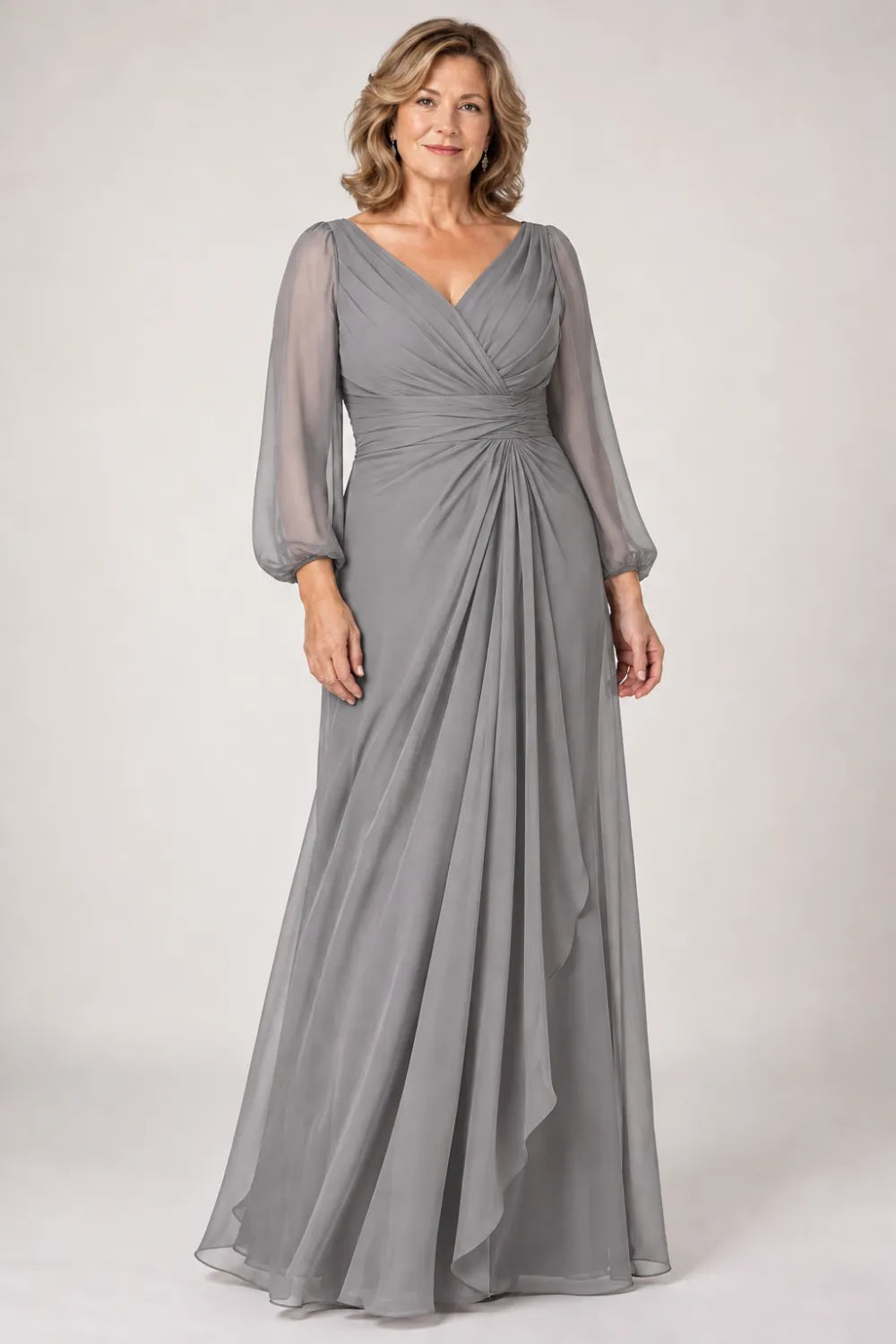 Silver Gray dress with crossover bodice, gathered waist and cascading side panel, front view.