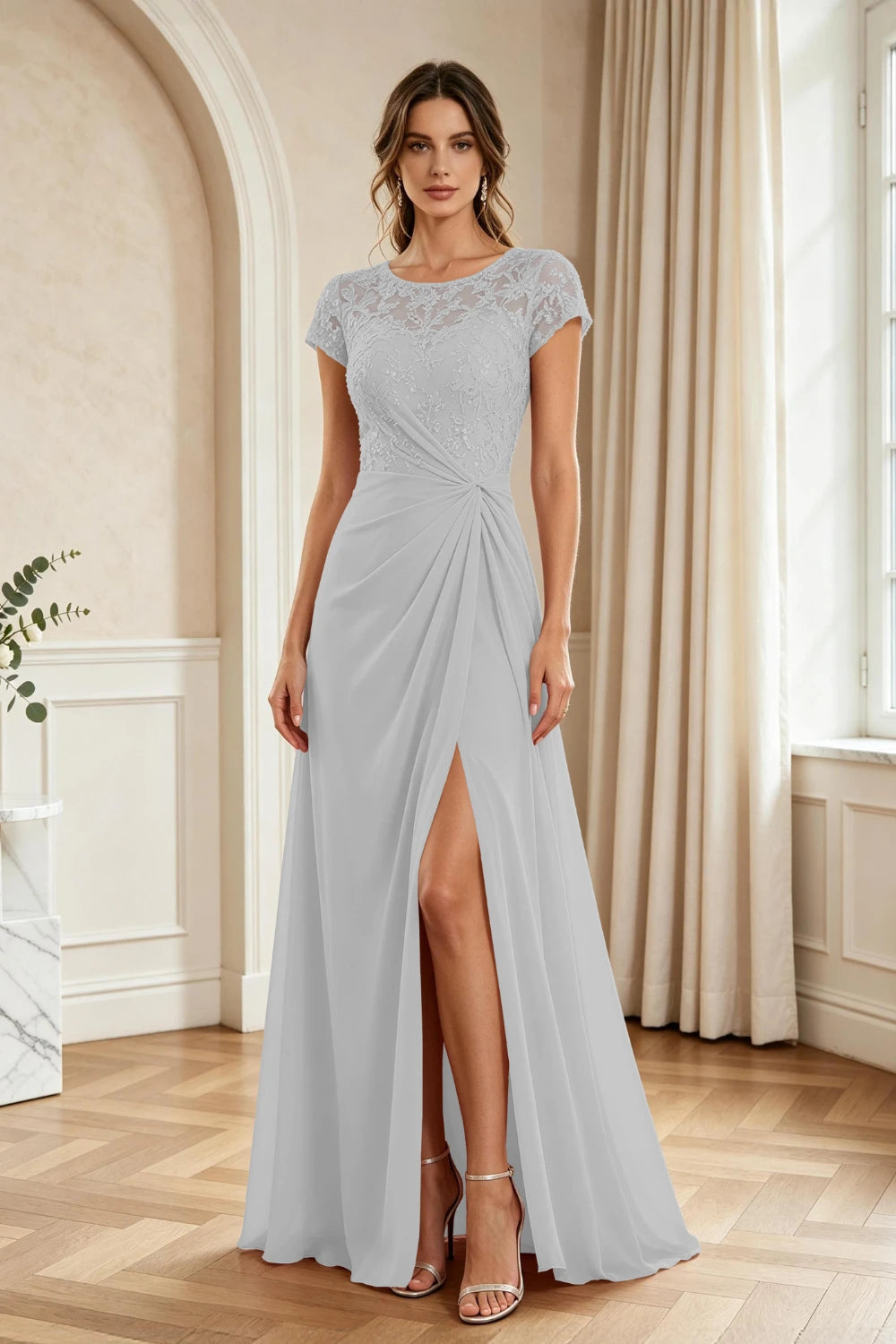 Dusty Rose Lace Cap-Sleeve Draped Chiffon Floor-Length Dress