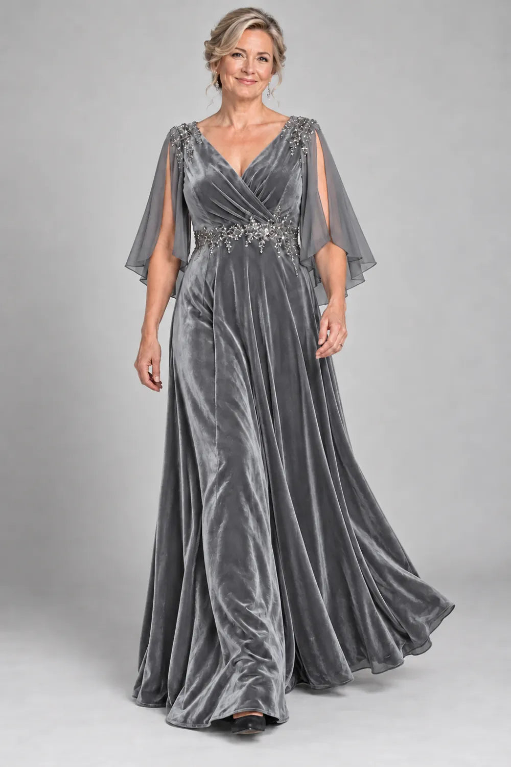 Silver Gray dress with crossover bodice and decorated waist, front view.