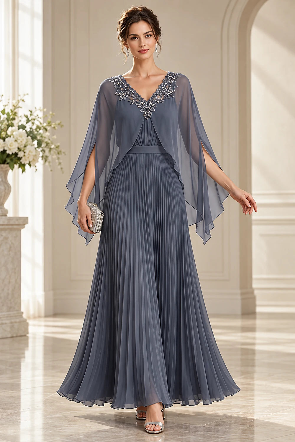 Pleated Cape Sleeve Chiffon Mother of the Bride Dress