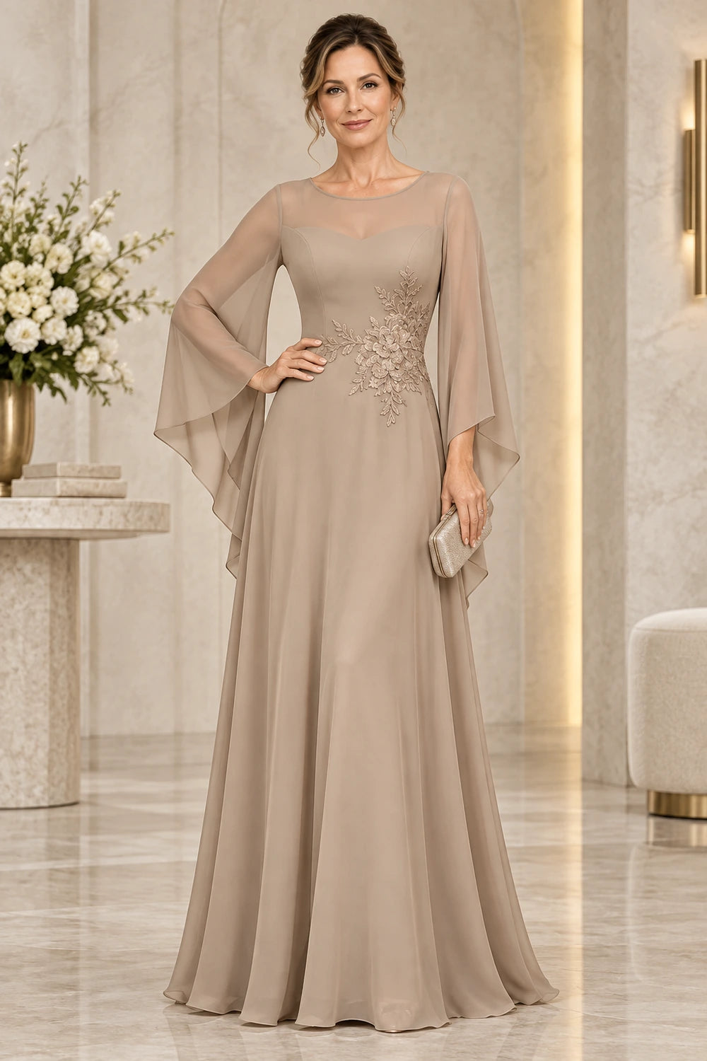 Beaded Waist Sheer Yoke Long Sleeve Chiffon Mother of the Bride Dress