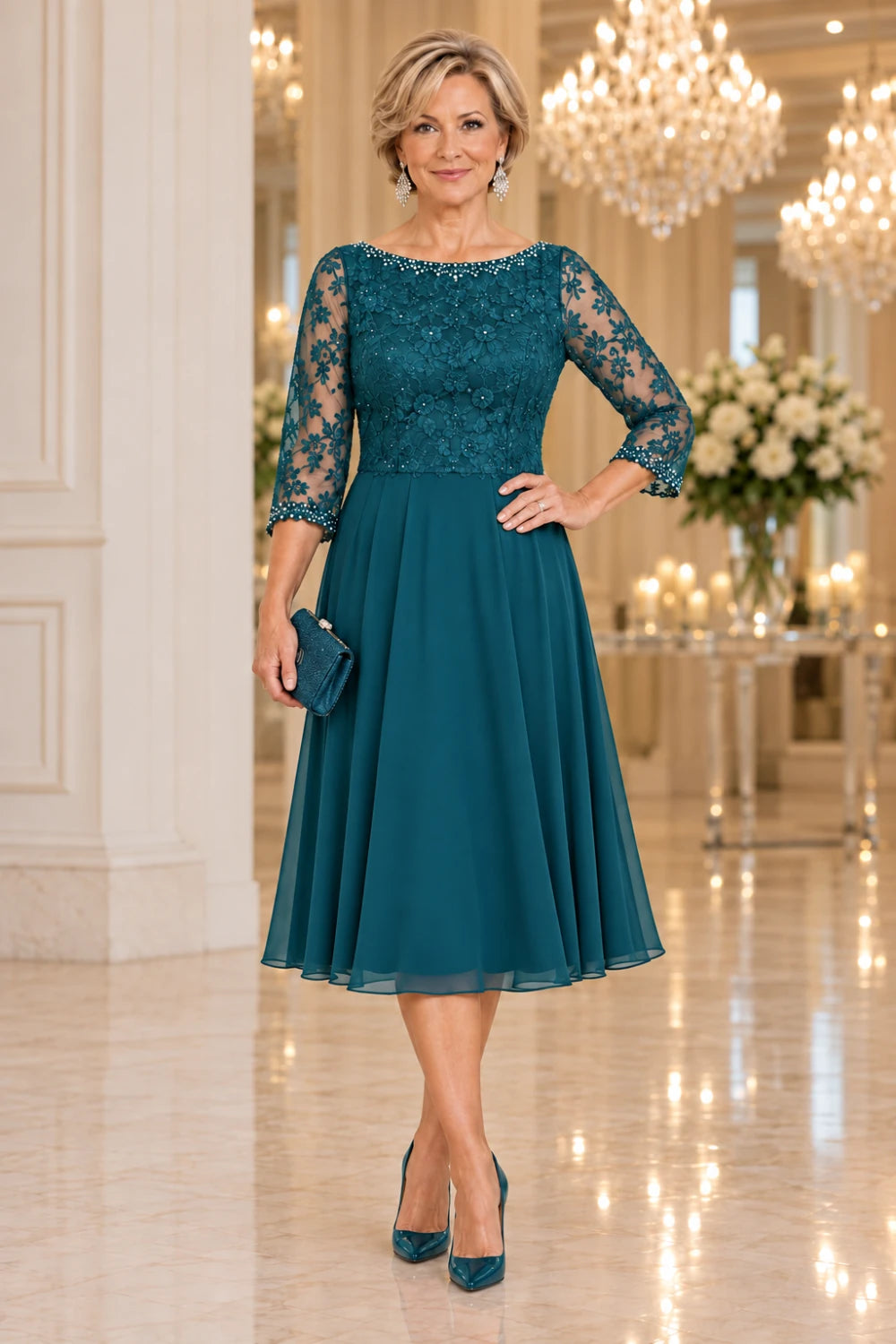 Teal dress with a floral lace bodice, rounded neckline and plain flared midi skirt, front view.