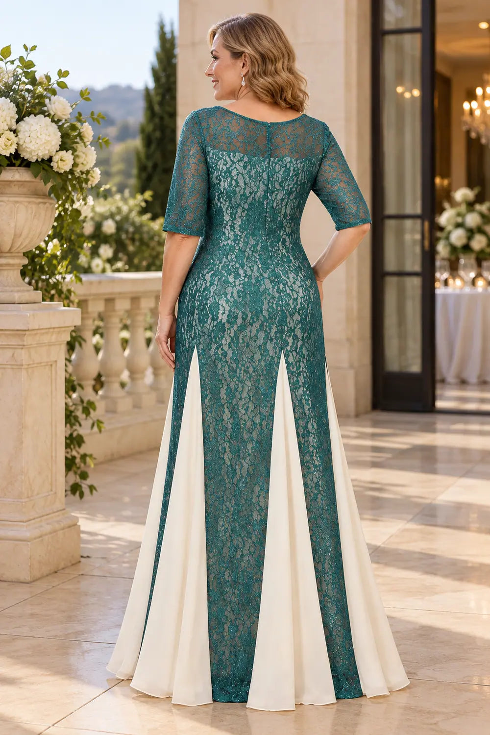 Teal Lace Contrast Panel Mother of the Bride Dress