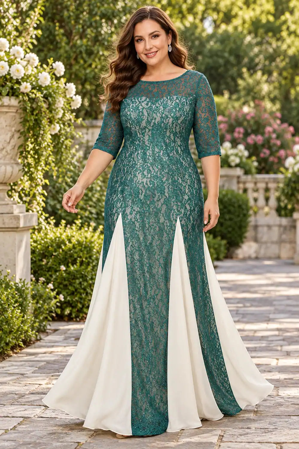 Teal Lace Contrast Panel Mother of the Bride Dress