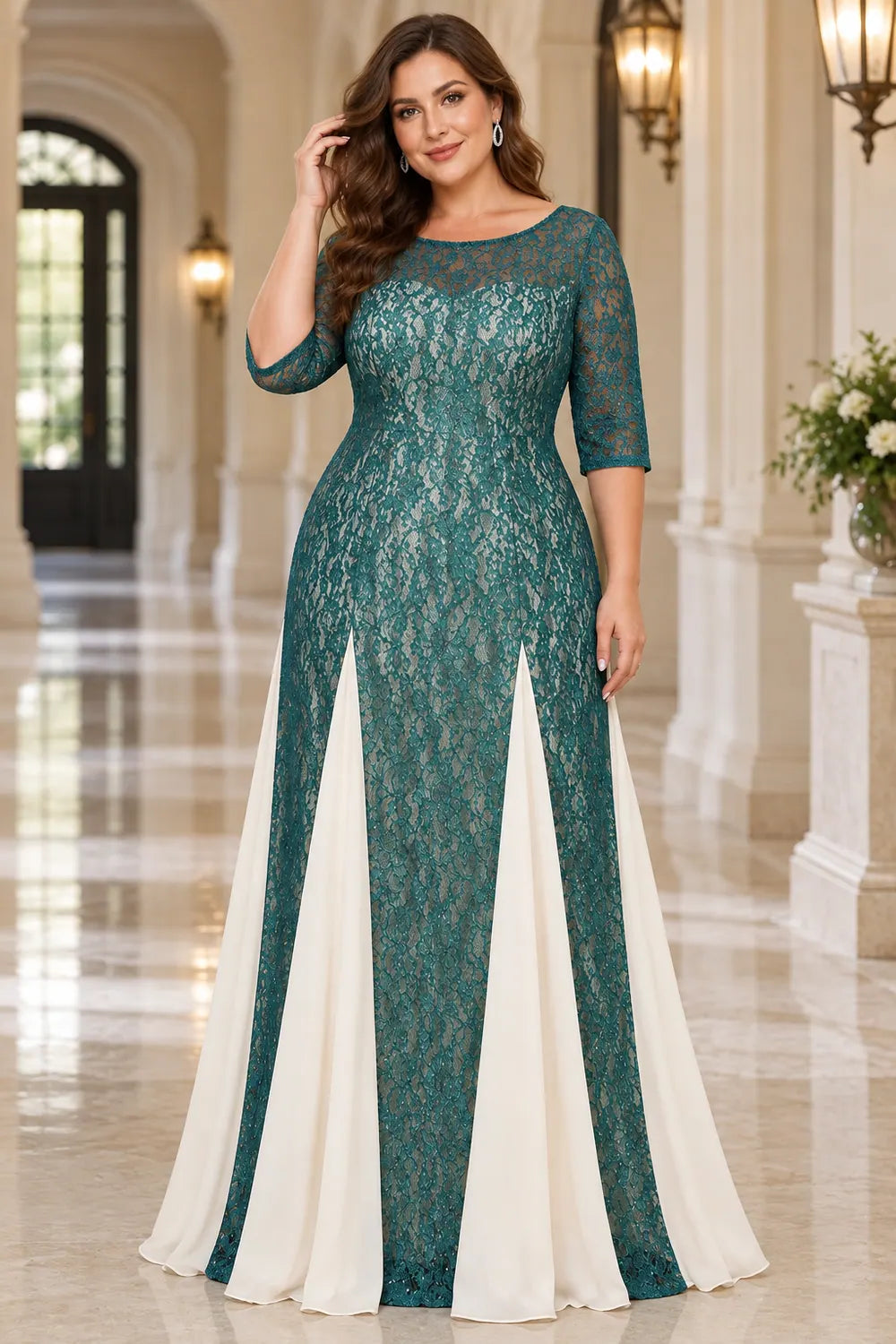 Teal Lace Contrast Panel Mother of the Bride Dress