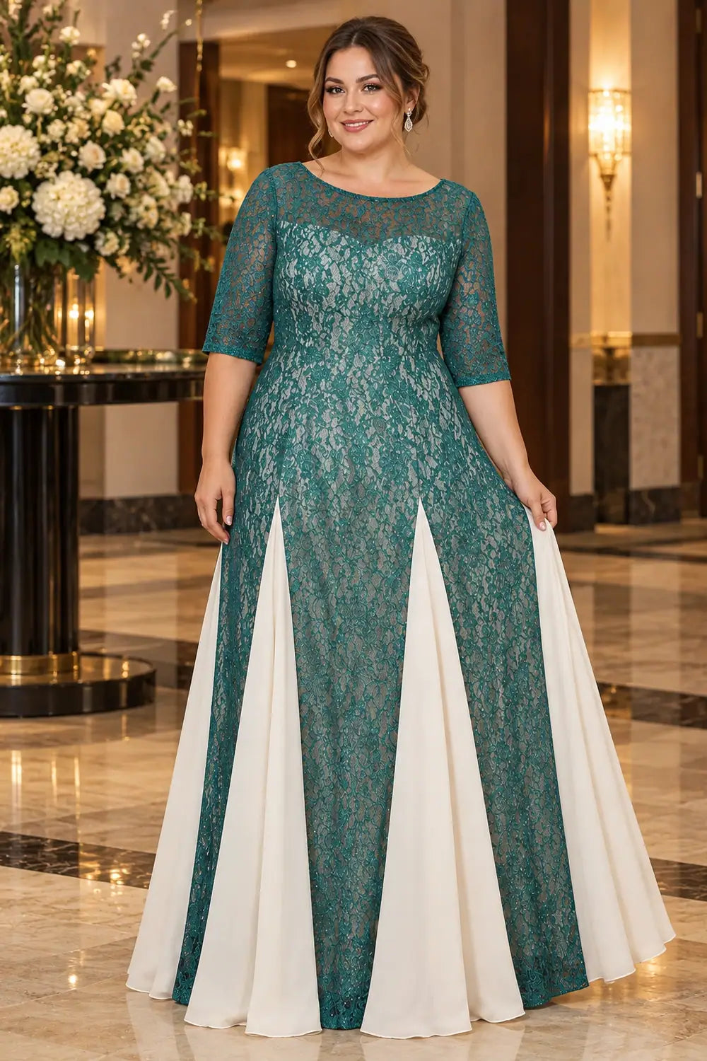Teal Lace Contrast Panel Mother of the Bride Dress