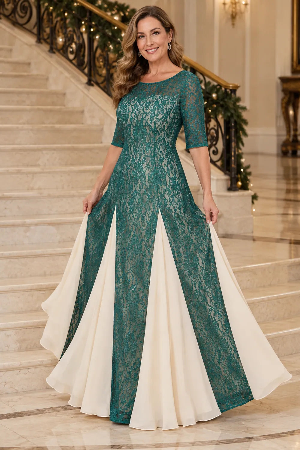 Teal Lace Contrast Panel Mother of the Bride Dress