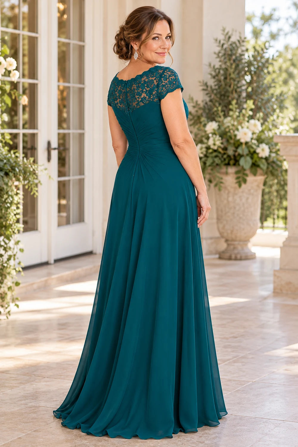 Teal Lace Cap Sleeve Ruched Mother of the Bride Dress