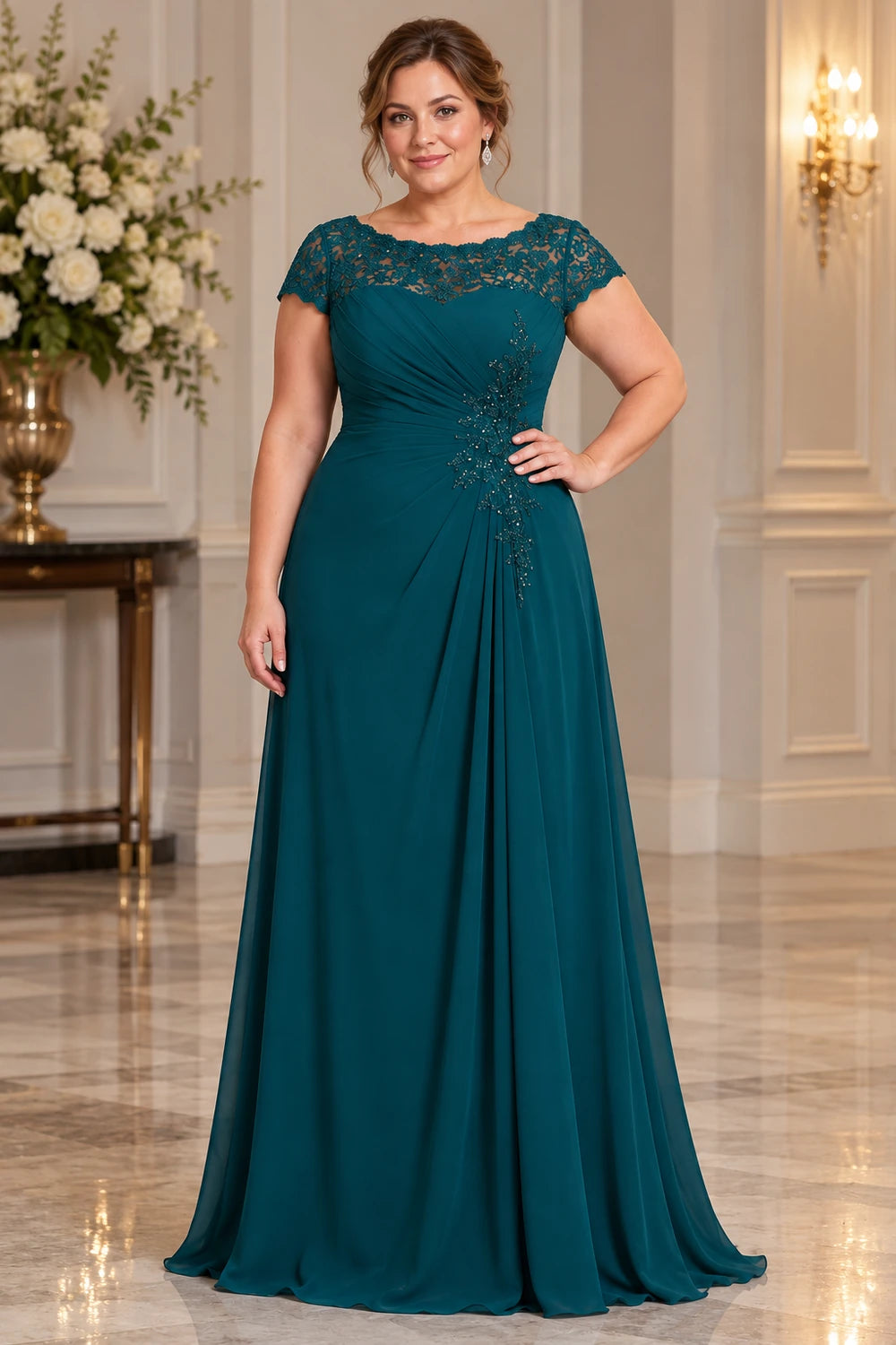 Teal Lace Cap Sleeve Ruched Mother of the Bride Dress