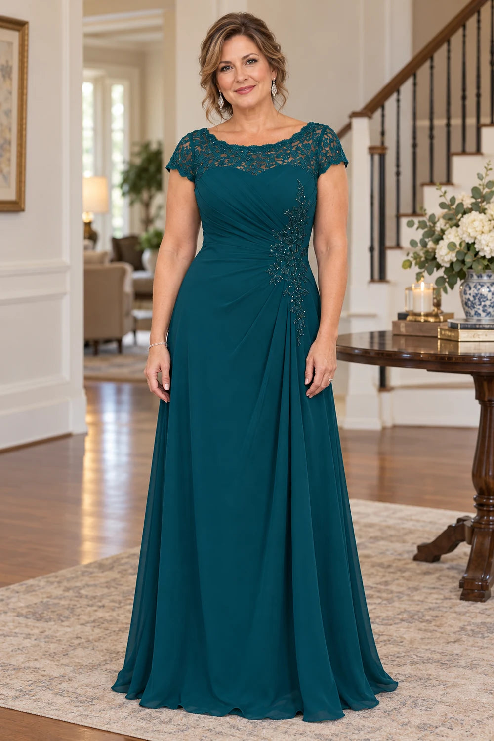 Teal Lace Cap Sleeve Ruched Mother of the Bride Dress