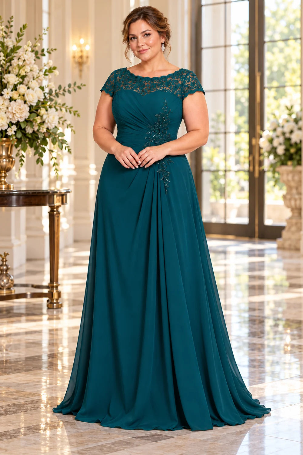 Teal Lace Cap Sleeve Ruched Mother of the Bride Dress