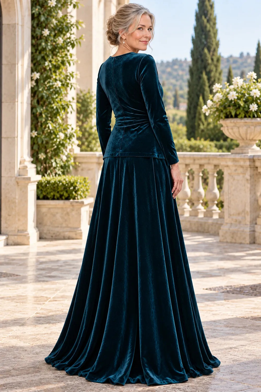 Teal Ruched Side Rosette Mother of the Bride Gown
