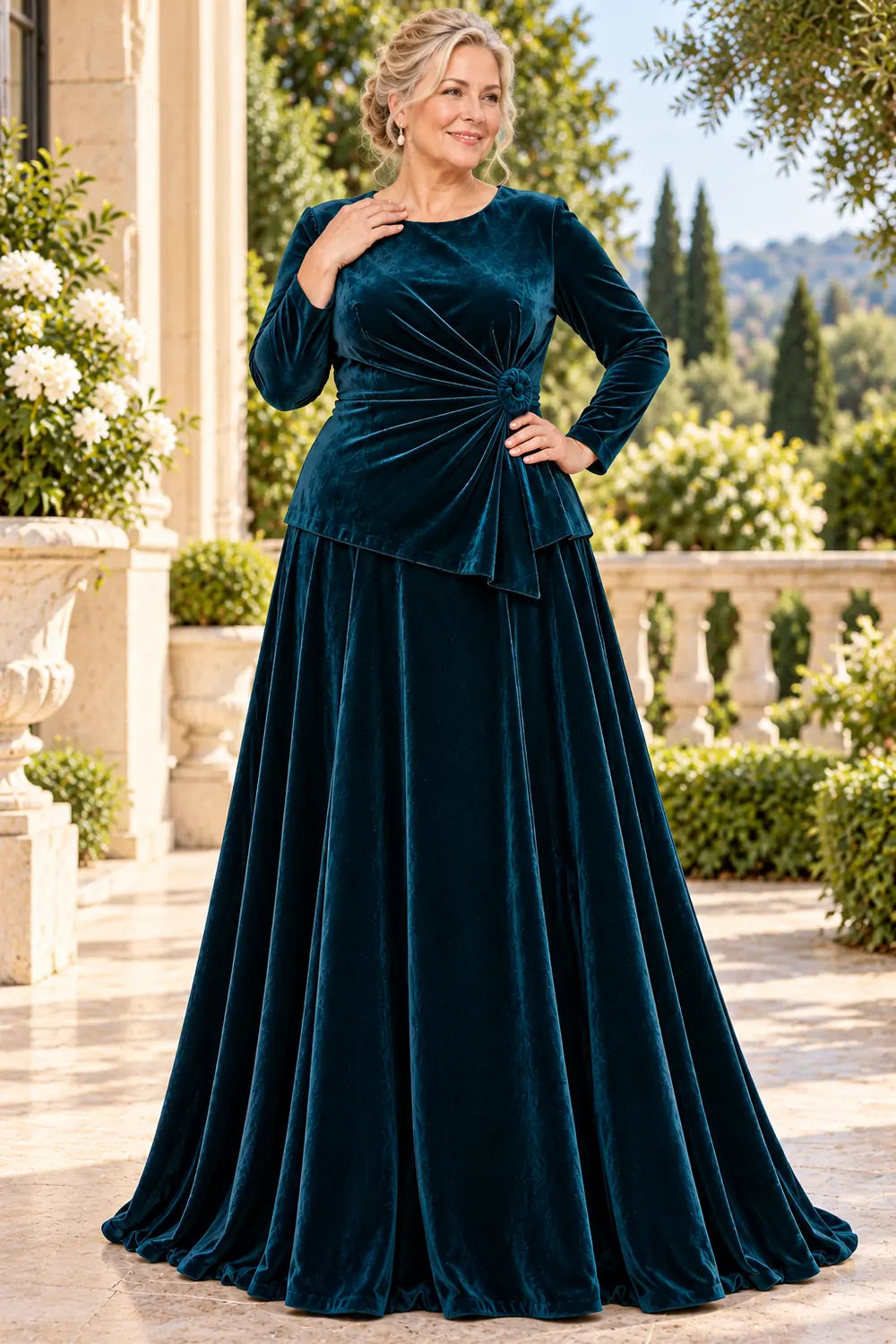 Teal Ruched Side Rosette Mother of the Bride Gown