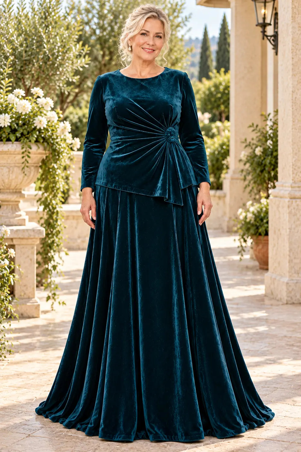 Teal Ruched Side Rosette Mother of the Bride Gown